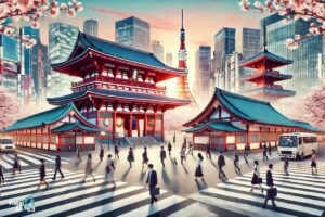 Veduta di una città giapponese con templi tradizionali, grattacieli moderni, incrocio pedonale affollato e ciliegi in fiore, rappresentando la fusione tra cultura e innovazione.