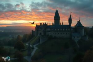 Castello di Alnwick al tramonto con un'atmosfera magica, location di Harry Potter.