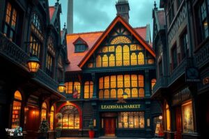 Leadenhall Market a Londra, con la sua architettura vittoriana e strade acciottolate, location di Diagon Alley nei film di Harry Potter.