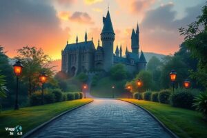 Location Harry Potter: castello di Hogwarts illuminato al tramonto con strada acciottolata e lampioni.