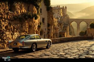 Vista dei Sassi di Matera al tramonto con una Aston Martin DB5 in primo piano e il Ponte della Gravina sullo sfondo, ispirato a No Time to Die.