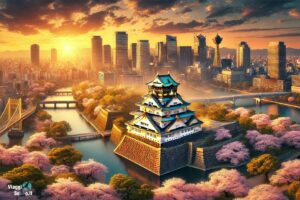 Veduta panoramica di Osaka, Giappone, con il Castello di Osaka circondato da ciliegi in fiore e lo skyline moderno illuminato al tramonto.