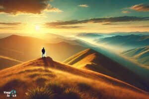 Viaggiatore solitario su un crinale montano che guarda l'orizzonte, rappresentando libertà e crescita personale